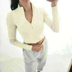 Asos sunday best Beige Tan neutral long sleeve crop top half zip V neck yoga run